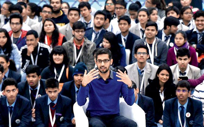 Google CEO Sundar Pichai interacts with the students in New Delhi yesterday. pic/pti