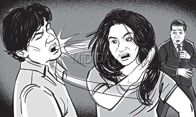On Friday evening, Hema goes to Vidyadhar’s warehouse and they have an argument over a Rs 5 lakh payment. She slaps him. Illustration/Uday Mohite