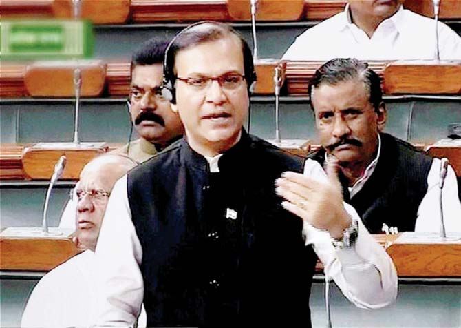 Minister of State for Finance, Jayant Sinha speaks during the winter session of Parliament at New Delhi on Friday. Pic/PTI
