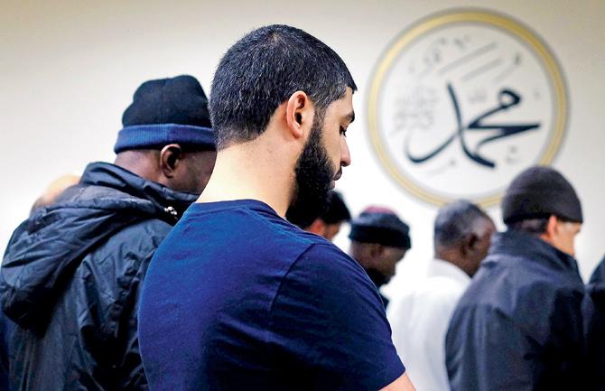 Muslim men pray at a mosque in Jersey City. Pic/AFP