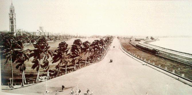 Queen’s Road between Oval Maidan and the BB&CI Railway tracks leading to Colaba; extreme right shows a footpath and a ride along the Back Bay. Photo courtesy: Bombay the Cities Within; Eminence Designs Pvt. Ltd.