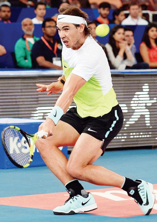 Indian Aces’ Rafael Nadal returns during a match against Philippine Mavericks in New Delhi on Thursday. PIC/AFP 