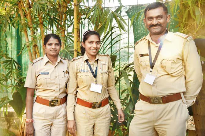 Rasila Vadher and Madhu Karangia, female forest guards from Gir forest (known as Lion Queens) and forest guard Mahadev Rayjada. Pic/Suresh KK