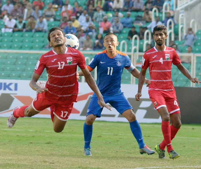 ndian skipper Sunil Chhetri vies for the ball with players of Maldives during their SAFF Suzuki Cup 2015 match in Thiruvananthapuram on Thursday