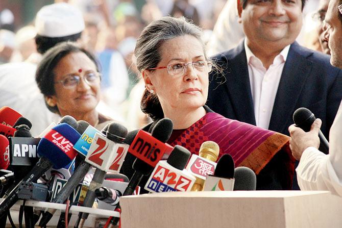 When a television reporter asked Sonia Gandhi if she was tense, the Congress President, who was then stepping into court, replied, “I am not afraid at all.” The next court date is set for February 20, 2016. Pics/Abhishek Sharma