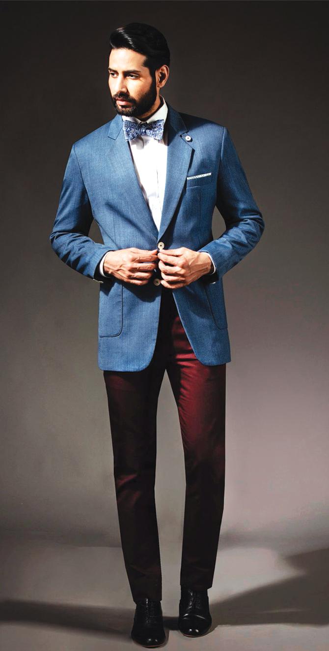 Textured Blue Blazer with Burgundy Trousers by SS HOMME