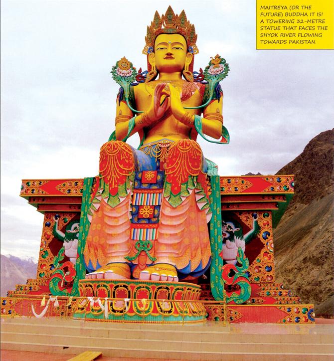 The Diskit Buddha is a 32-metre statue facing the Shyok river flowing towards Pakistan