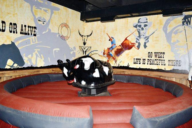 The rodeo bull ride at the restaurant