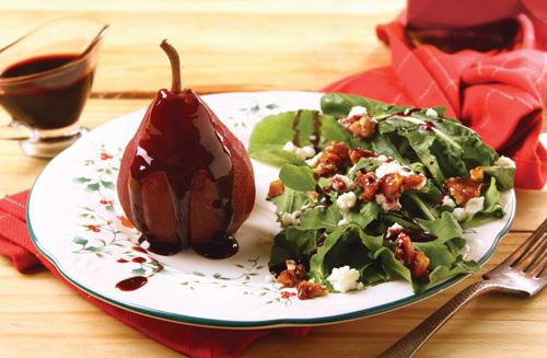 Wine Poached Pear Salad with Blue Cheese from Haute Chef works as a side dish in a Christmas spread
