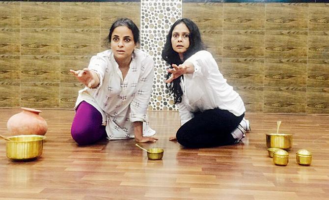 A still from the rehearsal of Ramu Ramanathan’s new play Ambu and Rajalakshmi, directed by Gurleen Judge