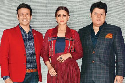 Vivek Oberoi, Sonali Bendre and Sajid Khan at the launch of their show