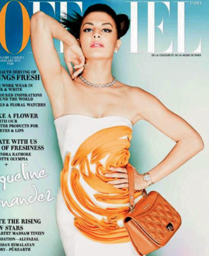 Jacqueline Fernandez donned a white gown with a bold orange flower for a magazine shoot last month