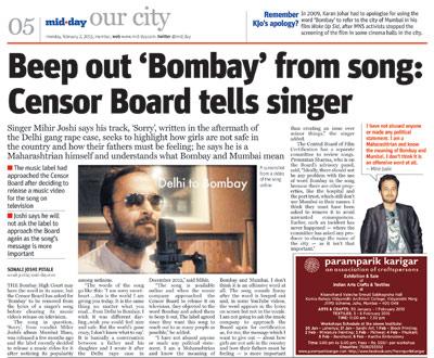 mid-day report on ‘Bombay’ being beeped out in Mihir Joshi’s song titled Sorry