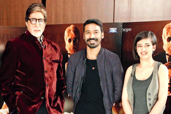 From left: Amitabh Bachchan, Dhanush and Akshara Haasan at an event for their upcoming film Shamitabh. pic/pti