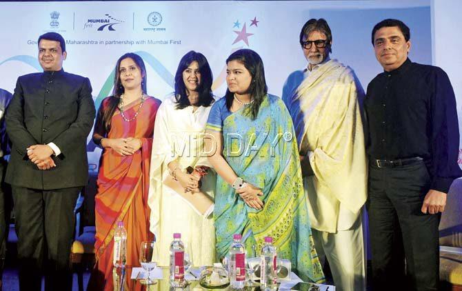(From left) Chief Minister Devendra Fadnavis, Ekta Kapoor, Poonam Mahajan, Amitabh Bachchan and Ronnie Screwvala at MumbaiNext: MMR Transformation at Taj Lands End. Pics/ Nimesh Dave