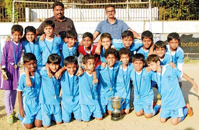 Champions again! The victorious Don Bosco team after retaining the football U-10 title at Azad Maidan yesterday. Pic/Suresh KK