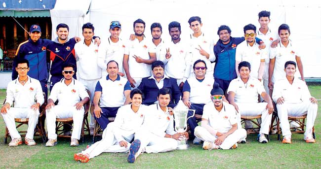 Mumbai U-19 team after beating Punjab in the Cooch Behar Trophy final at Mohali yesterday