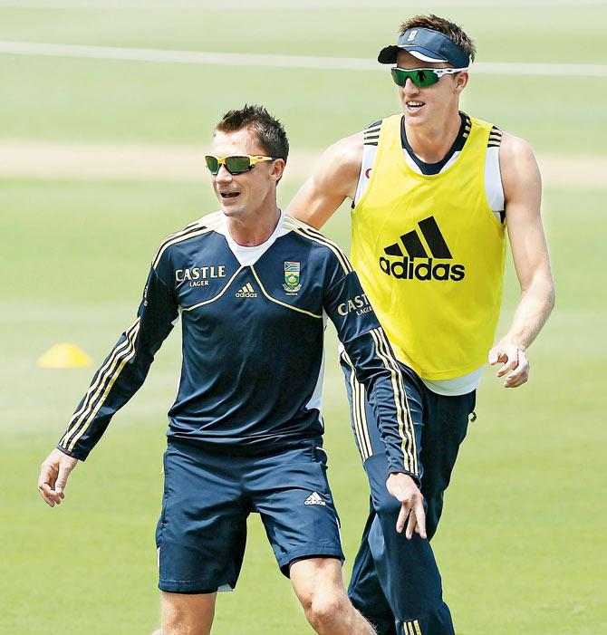 South Africa’s Dale Steyn (left) and Morne Morkel at a training session. PIC/GETTY IMAGES