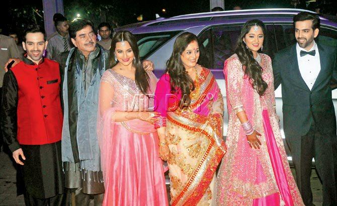 From left: Luv, Shatrughan Sinha, Sonakshi, Poonam, Taruna and Kush at the latter’s wedding reception last month. Luv and Kush are in the process of reviving their home banner with Sonakshi. PIC/SAMEER MARKANDE