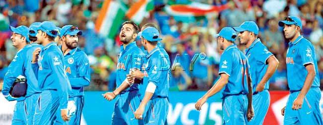 India players celebrate their win over Pakistan in the World Cup opener at the Adelaide Oval yesterday. Pic/Suman Chattopadhyay