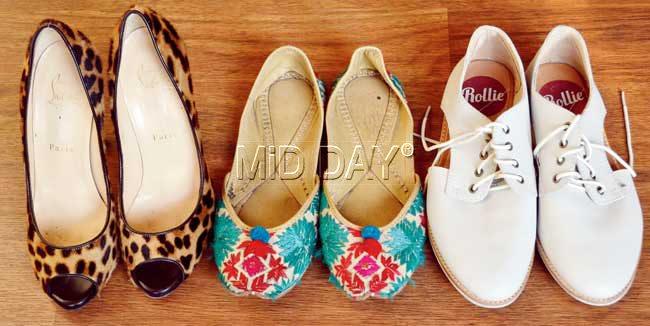 Her taste for shoes range from comfortable Amritsari mojaris (centre) to sky-high Louboutins (left) and sneakers (right)
