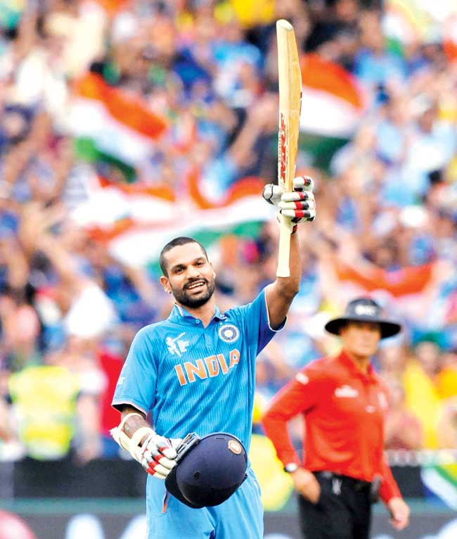 Shikhar Dhawan celebrates his century vs South Africa in Melbourne