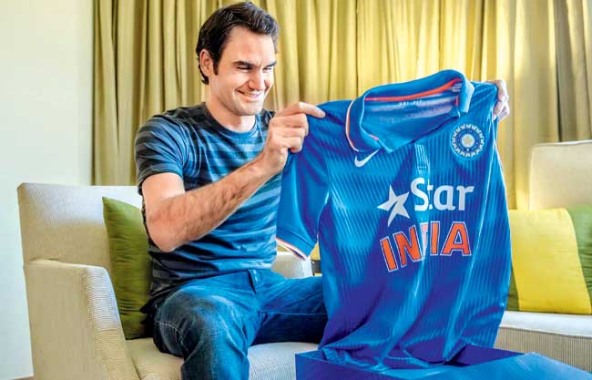 Roger Federer with the Indian cricket team jersey on Feb 14