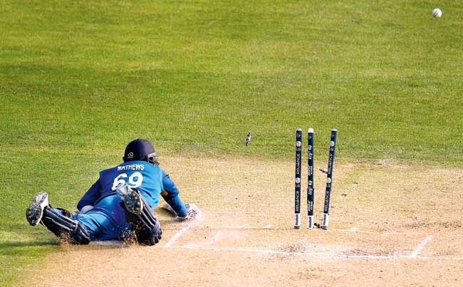 Sri Lanka skipper Angelo Mathews is run out during their match against Afghanistan at University Oval in Dunedin, New Zealand on Sunday. Pic/Getty Images