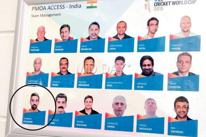 The sheet bearing the name of stand-by pacer Dhawal Kulkarni (encircled) as an Indian team management member