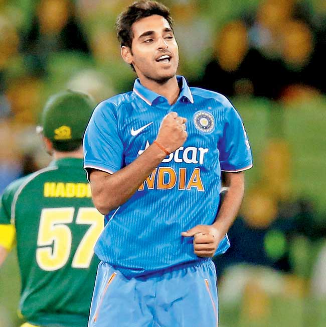 Bhuvneshwar Kumar celebrates the wicket of Glenn Maxwell during the tri-series opener against Australia in Melbourne recently. Pic/Getty Images