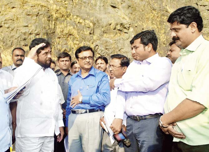 PWD minister and MSRDC chairman, Eknath Shinde, at a site inspection for the R7,000-crore Mumbai-Pune Expressway capacity augmentation project