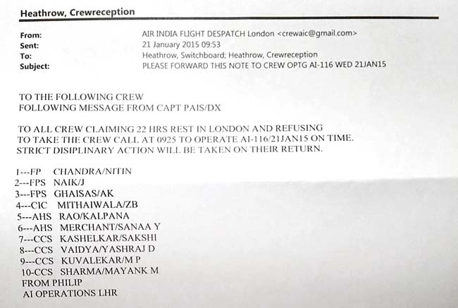 A copy of the email the cabin crew received on the day of the flight 