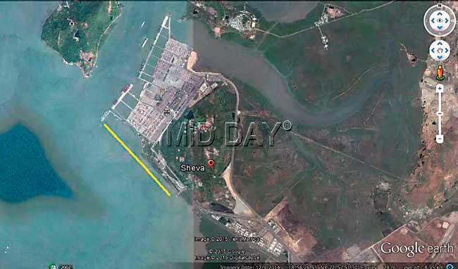 The yellow line indicates where the reclamation should have ideally taken place to preserve mangroves. The work, however, is underway on the opposite side