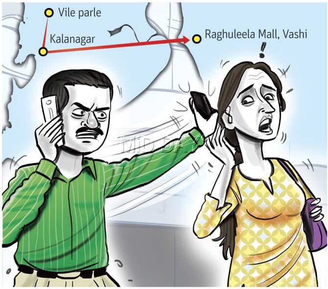 He makes her head to the Crime Branch office in Kalanagar and then asks her to go to the Raghuleela Mall in Vashi, where he snatches away her phone