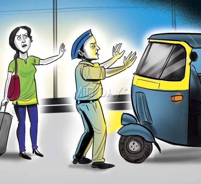 Meghna Murli was struggling to get an auto rickshaw from the airport to Kurla, and Shrimant Chandne, a constable attached to the Sahar police station, helped her hail one. Illustrations/Amit Bandre