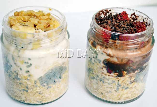 Oatmeal breakfast jars, the one with strawberry and chocolate (right) was our pick over the banana and walnut one