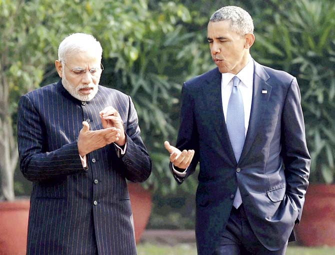 The Obama-Modi chemistry might have contributed to the successes of the Modi visit earlier and the Obama visit now. But let us not be beguiled into believing that Obama came only because of that. He came to further US national interests, which are times conflicting, just as much we wanted him here for our interests. File pic