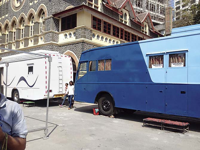 The vans parked in the campus for the shoot on February 21