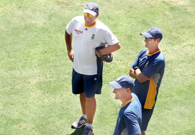 SA coach Russel Domingo with consultants Gary Kirsten and Michael Hussey during the team