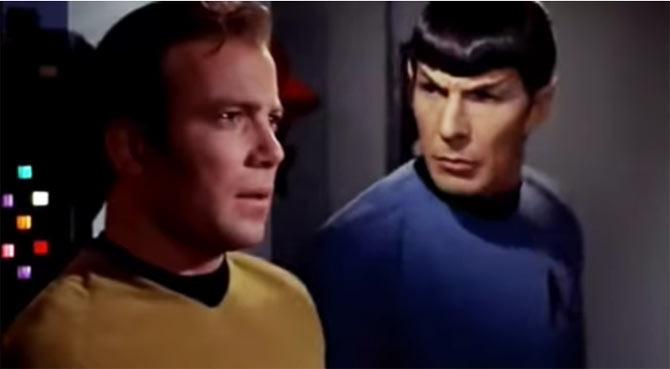 William Shatner and Leonard Nimoy as Captain James T Kirk and Mr. Spock respectively from 