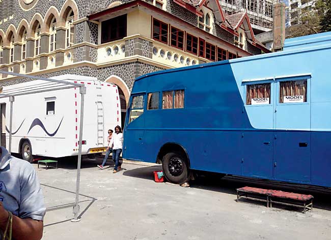 Vanity vans parked in the premises of Wilson College, Chowpatty, for the film shoot