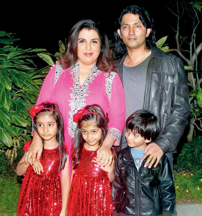 Farah Khan with husband Shirish Kunder and their triplets, Anya, Diva and Czar at her 50th birthday bash. PIC/YOGEN SHAH 