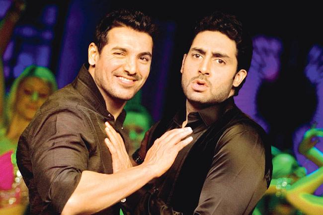 John Abraham and Abhishek Bachchan in a still from Dostana (2008)