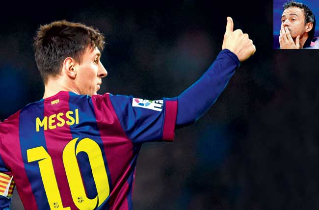 Barcelona forward Lionel Messi. Inset: Coach Luis Enrique. Pics/Getty Images