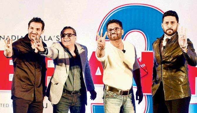 From left: John Abraham, Paresh Rawal, Suniel Shetty and Abhishek Bachchan at the launch of Hera Pheri 3