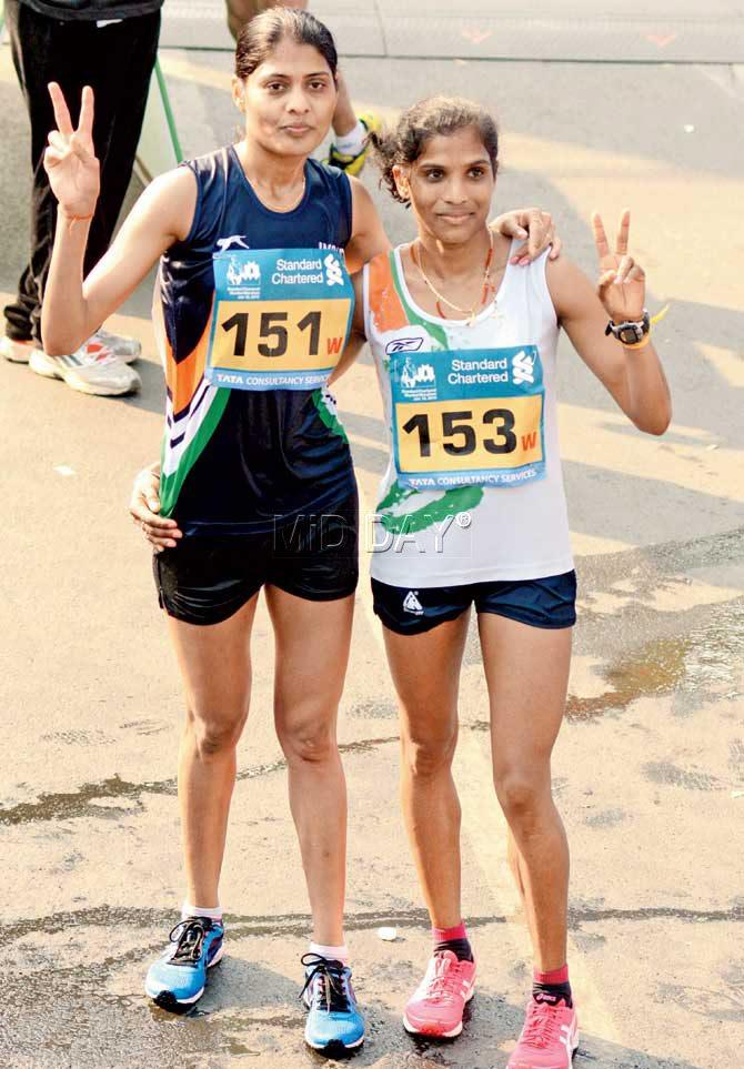 OP Jaisha and Lalita Babar celebrate after completing the marathon yesterday. Pic/Atul Kamble
