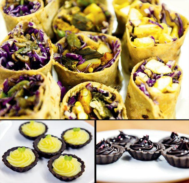 An assortment of organic Cottage Cheese, Mushroom and Bhindi Aloo wraps. These are served with a hot peri-peri dip and some comforting paprika hummus; the Lemon Tarts leave a lingering taste of dark chocolate from the crust; the Chocolate Tarts use chocolate from Ecuador