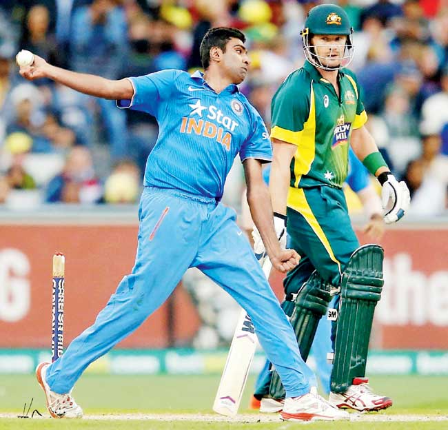 Ravichandran Ashwin bowls during the ODI against Australia in Melbourne on Sunday. The off-spinner gave away 54 runs in nine overs @ 6.00. Pic/Getty Images