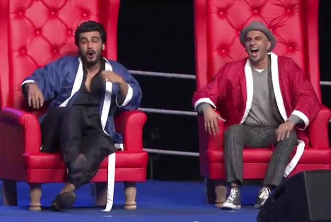 Arjun Kapoor and Ranveer Singh amidst a laugh riot at the AIB Knockout. Picture courtesy: YouTube