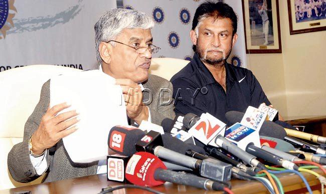 BCCI secretary Sanjay Patel reads out the World Cup squad as chief selector Sandeep Patil looks on at BCCI headquarters. Pic/Suresh KK